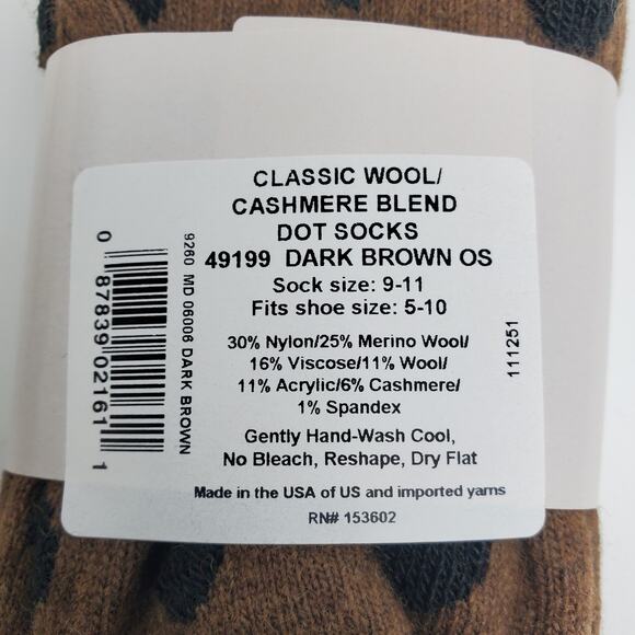 New Garnet Hill Dot Socks 9-11 Warm Cozy Cashmere Blend Crew Brown Holiday Gift - Picture 5 of 6